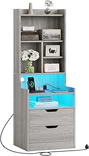 ADORNEVE Tall Night Stand with Charging Station and LED Lights,Nightstand with Bookshelf,Bedside Table with Drawers & Power Outlets,End Side Table for Bedrooms (Grey)