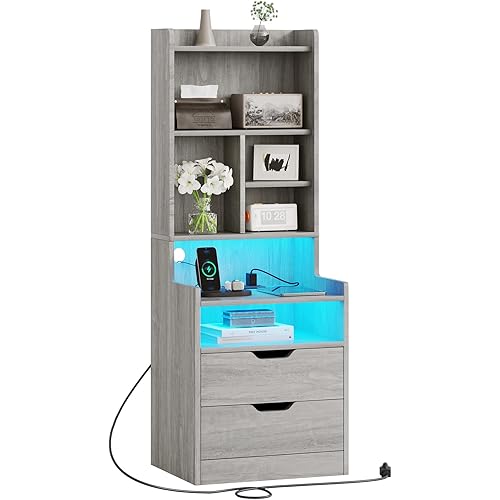 ADORNEVE Tall Night Stand with Charging Station and LED Lights,Nightstand with Bookshelf,Bedside Table with Drawers & Power Outlets,End Side Table for Bedrooms (Grey)