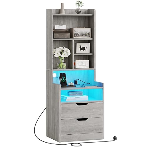 ADORNEVE Tall Night Stand with Charging Station and LED Lights,Nightstand