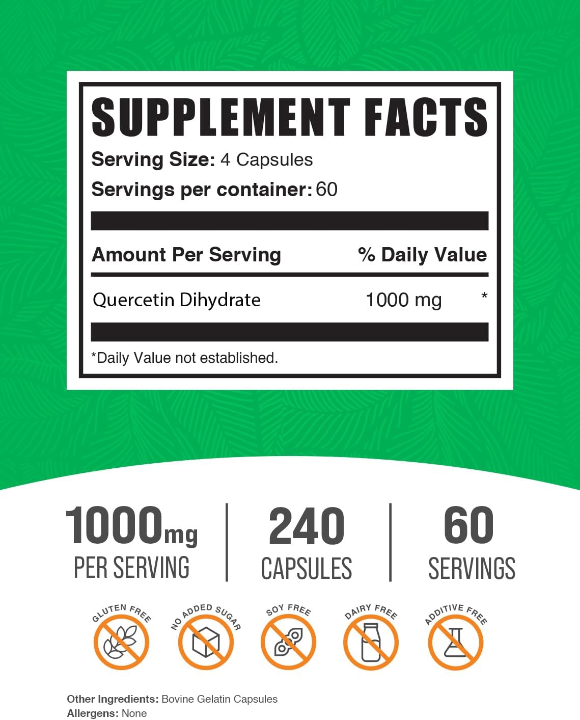 BulkSupplements.com Quercetin Dihydrate Capsules - Quercetin Supplements, Antioxidants Supplement - 4 Capsules per Serving, 240 Count (Pack of 1)