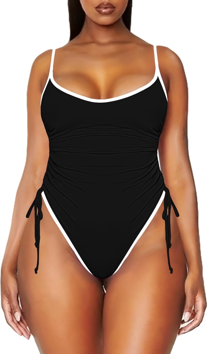 Viottiset Women's Ruched Drawstring One Piece Swimsuit Tummy Control High Cut Bathing Suit - Image 2