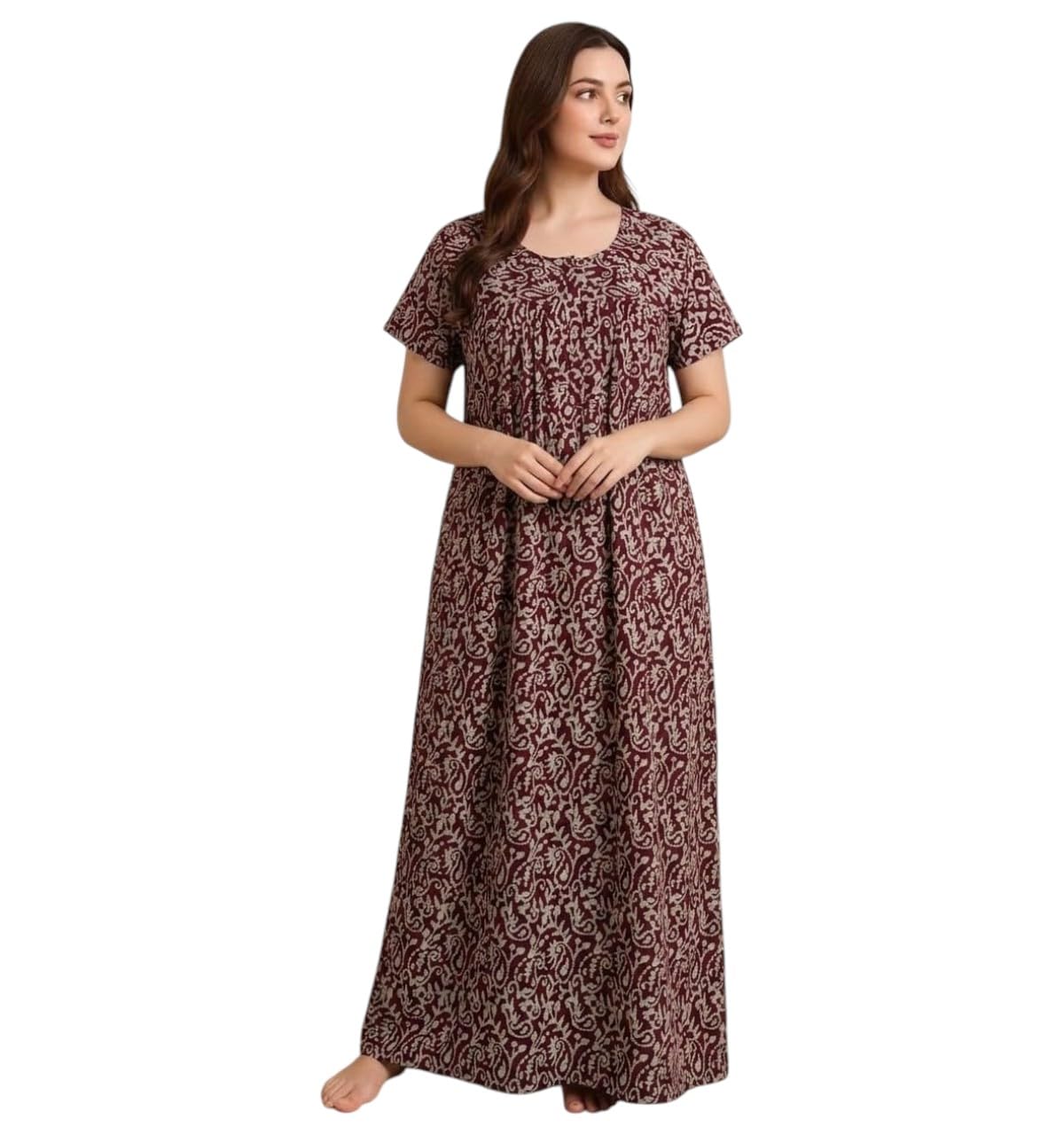 Women's Cotton Floral Printed Maxi Nighty, Full Length Night Gown, Short Sleeve, Soft Breathable Sleepwear for Ladies-image-22