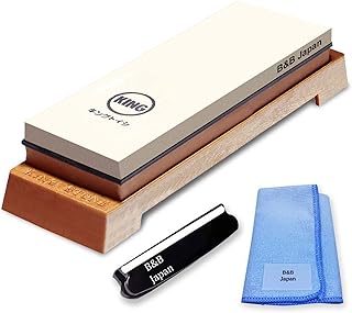 KING Whetstone Starter Set Include 1000/6000 Grit Combination Whetstone made in Japan, Knife Angle Holder, B&B Japan Original Wiping Cloth and Stable Plastic Base