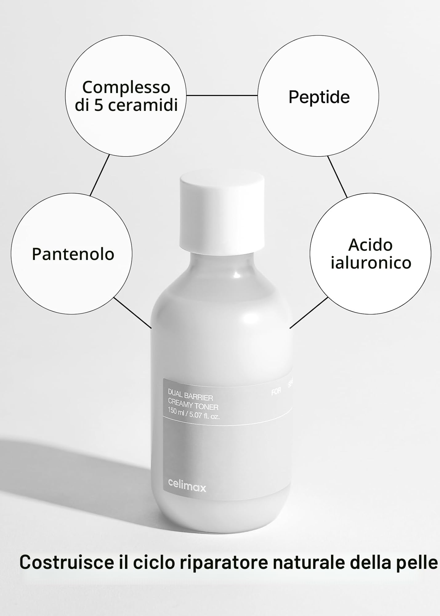 celimax Tonico Cremoso A Doppia Barriera Con Ceramidi, Peptidi, Senza Oli E Alcol, Astringente Per Il Viso, Idratante, Calmante, Lenitivo, Non Irritante, 150 Ml