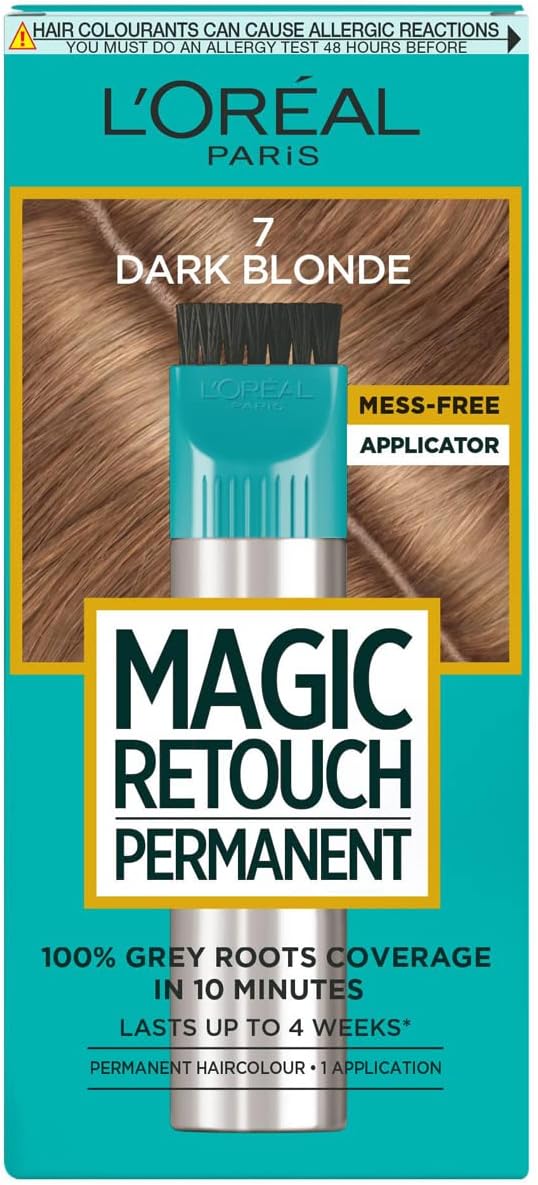 L'Oréal Paris Magic Retouch Permanent Root Concealer, Dark Blonde 7. Offers flawless coverage for grey regrowth. This 75ml solution ensures targeted, quick, and easy application for lasting results.