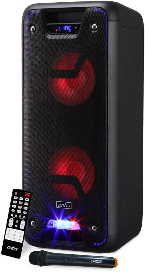 Artis BT800 8 Inch x2 Karaoke Bluetooth PA System Portable Trolley Speaker with RGB Lights, 1 Wireless Mic, Remote Control, FM Radio & Aux in/USB/SD Card Reader Input & Guitar in