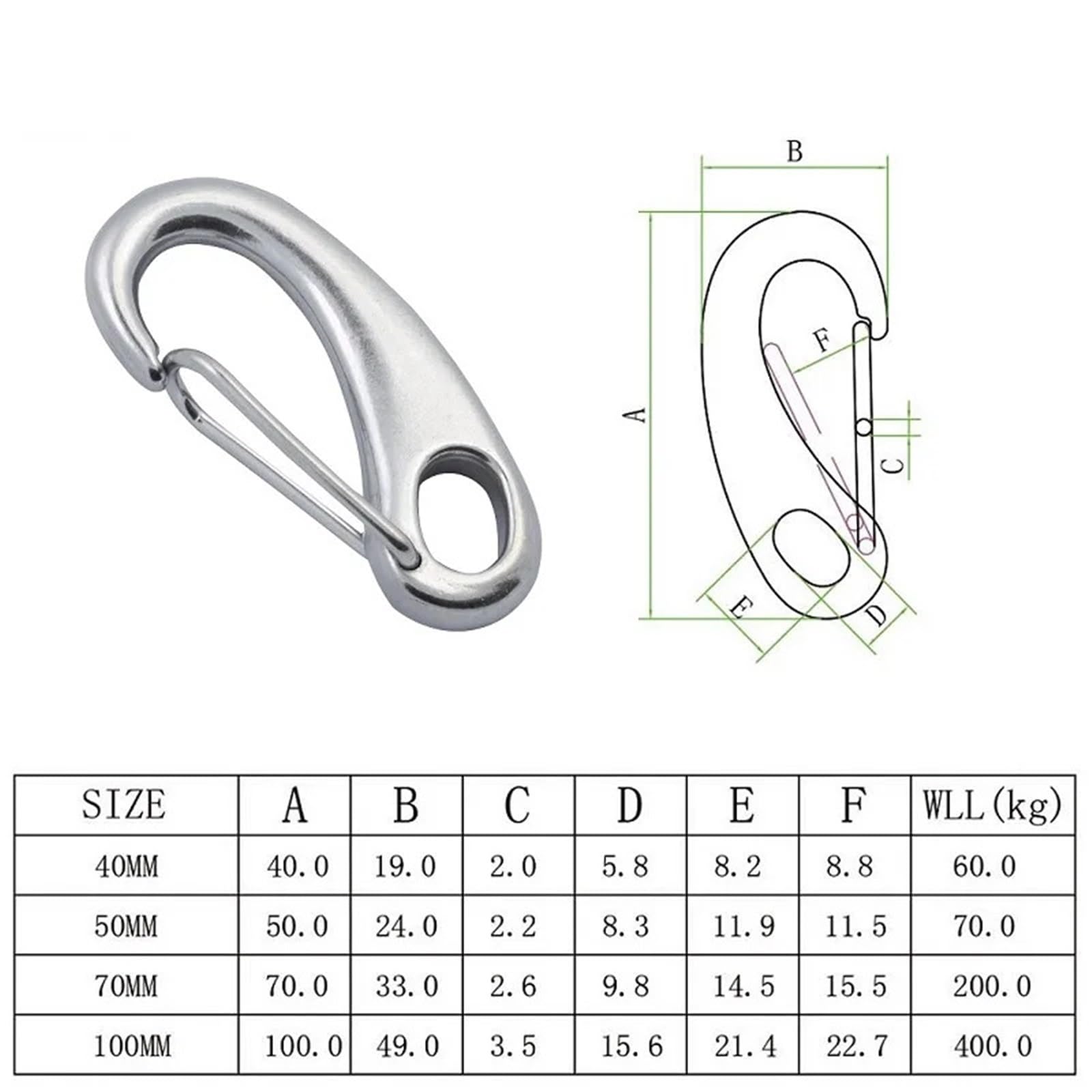 Clip Mosquetón con Forma Huevo 10 ganchos a presión con forma de huevo de acero inoxidable 304, 40 mm, 50 mm, 70 mm de longitud, ganchos a presión de resorte de liberación rápida de metal de seguridad