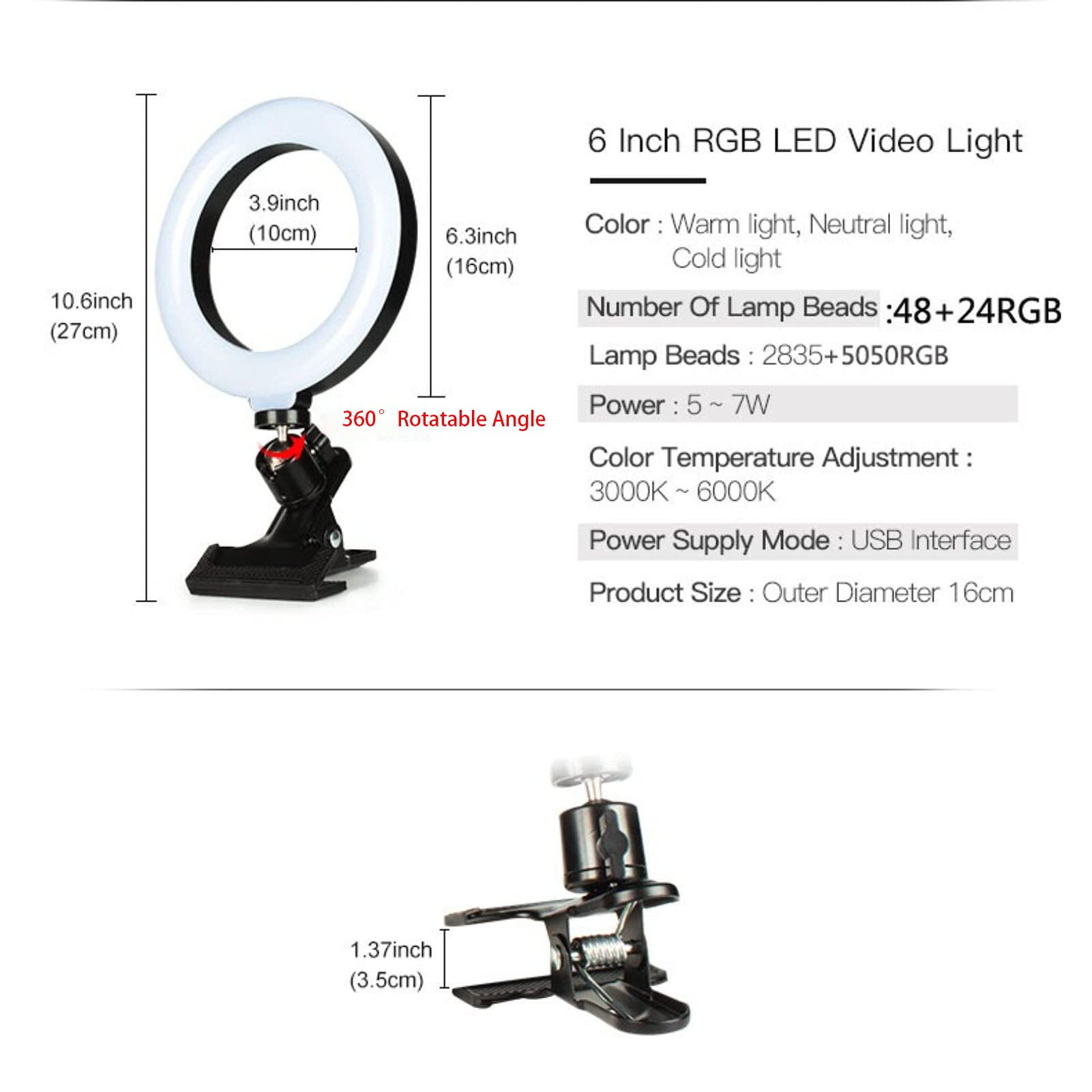 Anello luminoso RGB per selfie da 15,2 cm, con supporto a morsetto, 33 colori dimmerabili, set di illuminazione per videoconferenza USB, per scrivania, computer, laptop, monitor, trucco,