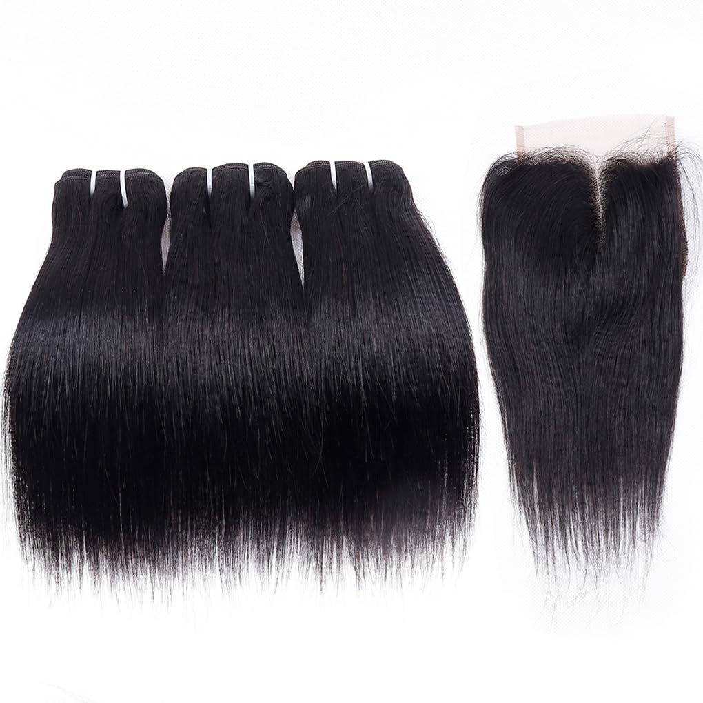 12A Human Hair Bundles with Closure Straight Bundles 8 8 8+8 Inch 4x4 HD Lace Closure Human Hair 100% Brazilian Virgin Hair Extensions 3 Bundles Deals Hair Quick Weave Bundle for Wome 50g/bundle - Image 3