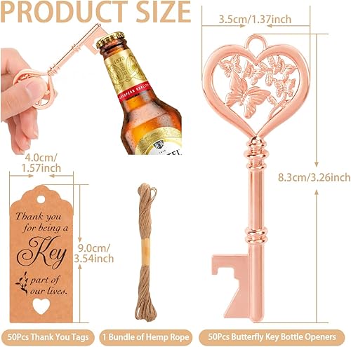 Miniatura 2 de 50 abridores de botellas con llave de mariposa, recuerdos de fiesta de boda, diseño de esqueleto vintage de mariposa de oro rosa con tarjetas de