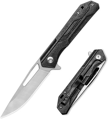 Carimee Pocket Folding Knife with 3.3â€ Drop Point D2 Stainless Steel Blade, Stonewashed Handle, Flipper, Frame Lock, Deep Carry Pocket Clip, Low profile Outdoor EDC Knife for men, Gift for man