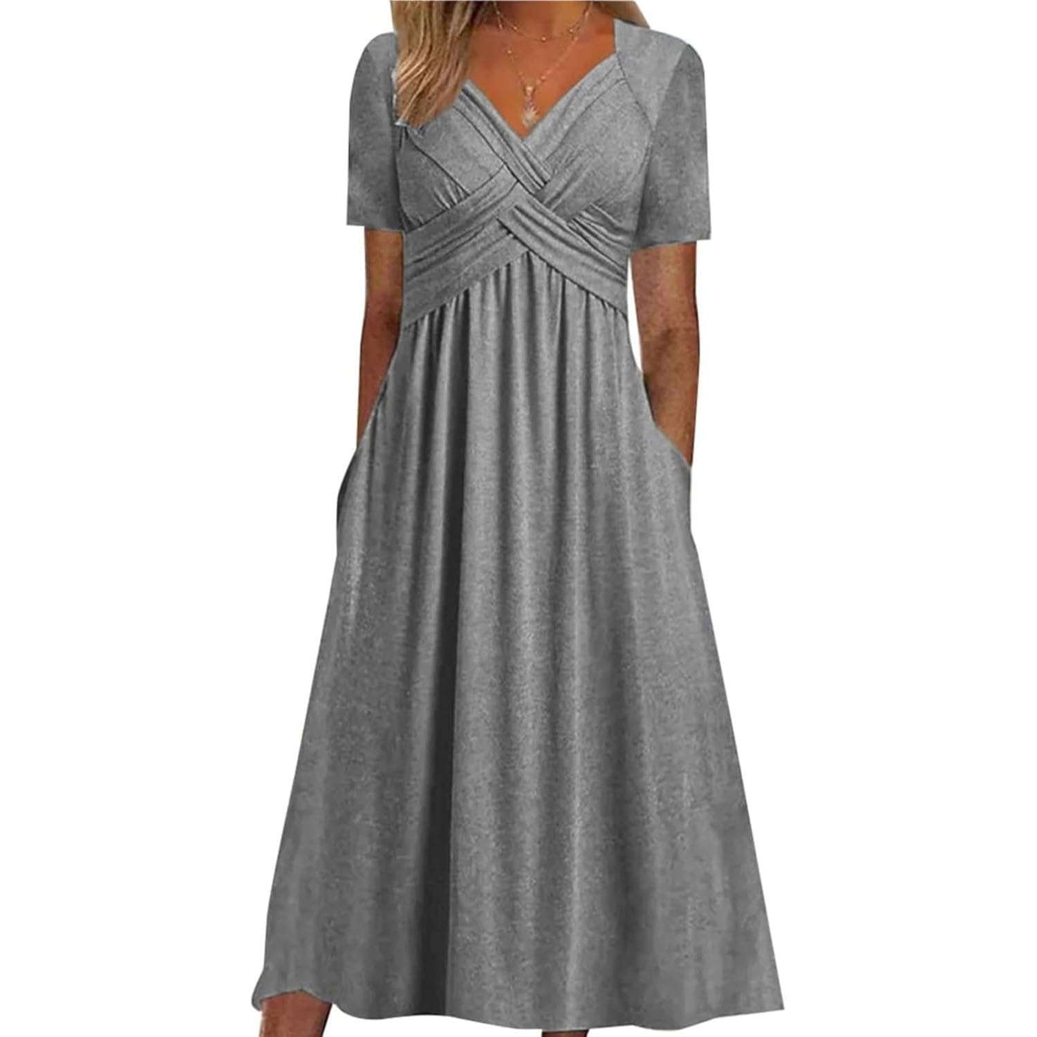 Crisscross Twist Front V Neck Casual Short Sleeve Maxi Dress,Casual Plus Size V-Neck Maxi Dresses,Womens Beach Dresses for Wedding Guest with Pocket (Grey,3XL)