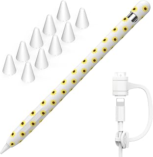 NIUTRENDZ Sunflower Case for Apple Pencil 1st Generation Case Cover Silicone Protective Sleeve Accessories with Apple Pencil Tips Cover & Cable Adapter Tether (White)
