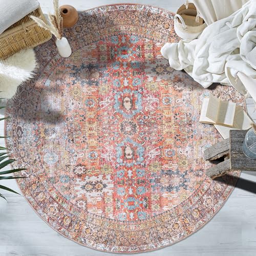 Rugshop Multi Transitional Distressed Round Area Rug — Machine Washable & Non‑Slip, 6' 6" Round for Dining Room, Living Room and Entryway