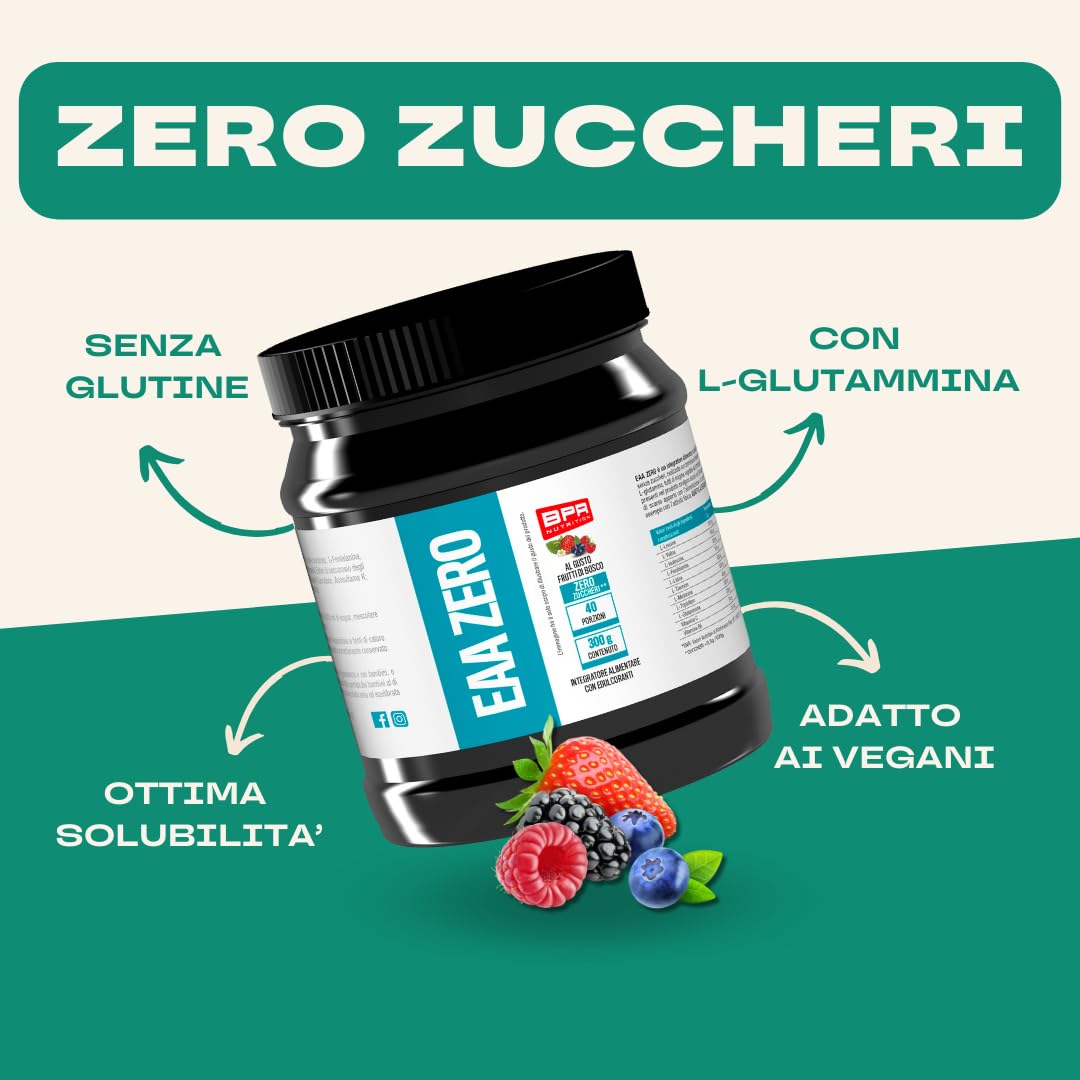 BPR Nutrition - EAA Zero - Amminoacidi essenziali in polvere con aggiunta di L-Glutammina, da fermentazione vegetale, gusto Frutti di Bosco 300 g