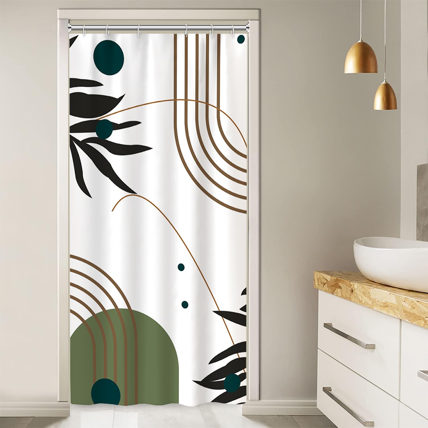 Ruelvth Abstract Stall Shower Curtain, Green and White Bathroom Curtain Waterproof Fabric Irregular Geometric Shower Curtain Set with Hooks, 36x72 Inch