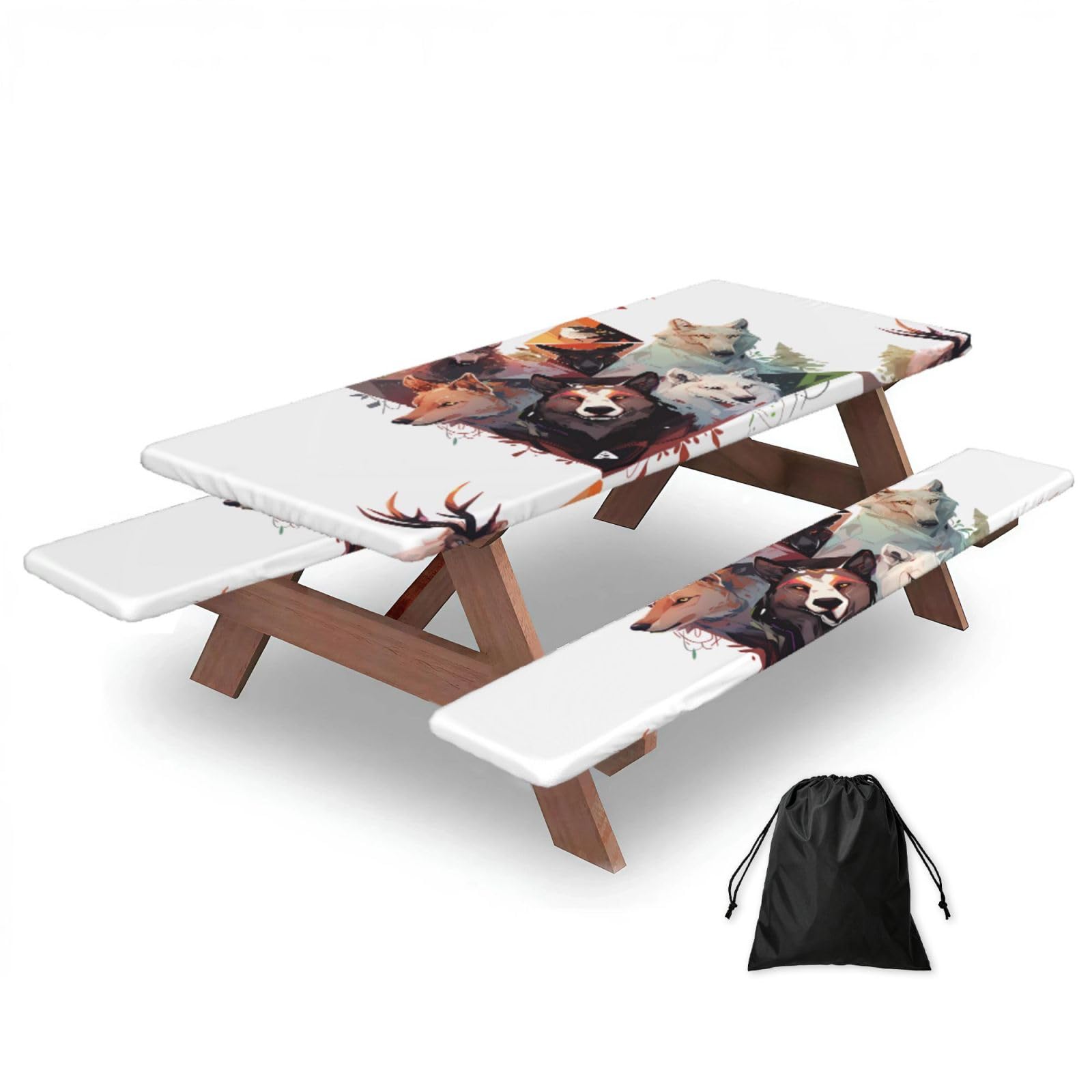 Erwqavc Black Wolves And Reindeer Print Picnic Table Cover & Bench Covers 3-Pack Set, Elastic Tablecloths For 6 Ft Rectangle Tables