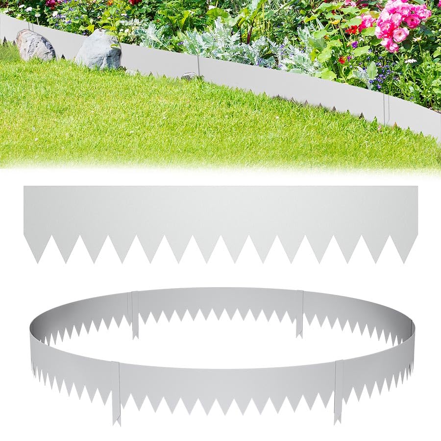 Aufun 20 Stück Rasenkante verzinkt Metall, 20 M Flexible Beeteinfassung Mähkant Palisade Gartenbeet mit Dornen, Beetumrandung für Hof Garten Bauernhof verwendet Werden, Silber (100cmL x 20 cmH)