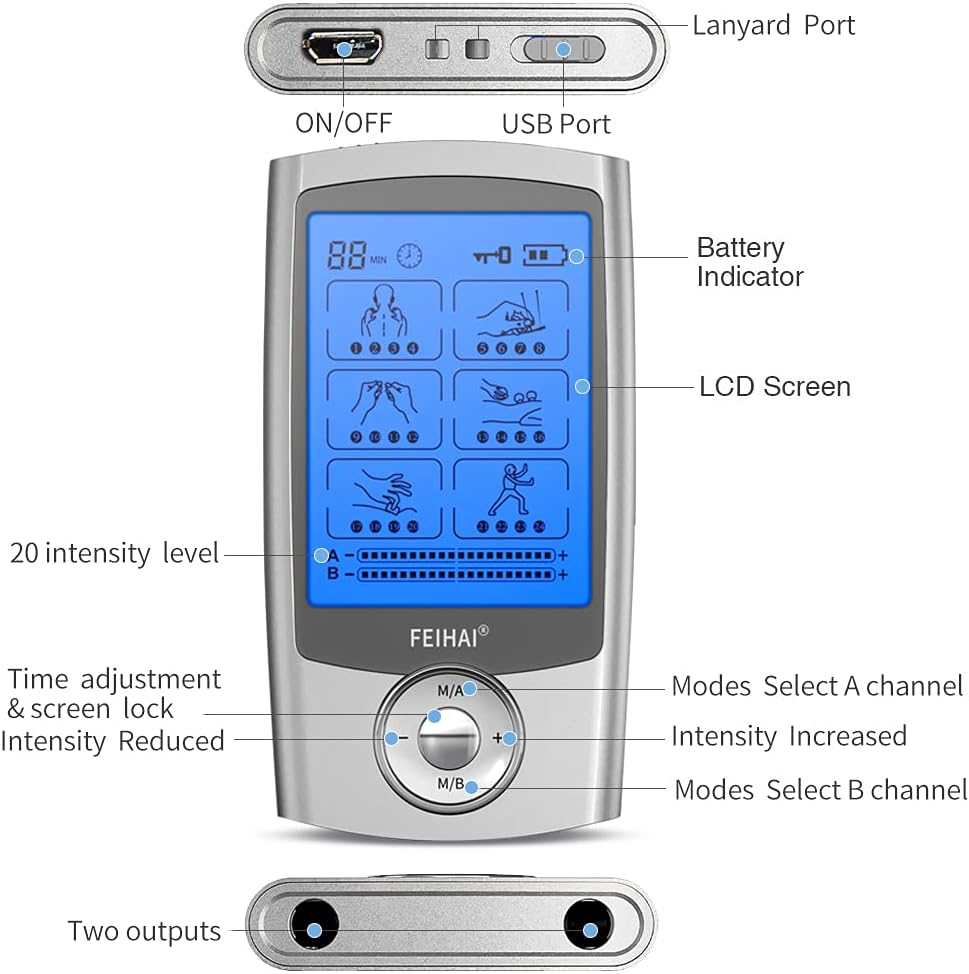FEIHAI Dual Channel TENS Unit 24 Modes Electronic Pulse Back Massager with 14 Electrode Pads, EMS Muscle Stimulator Therapy for Body Building, Neck, Shoulder, Leg, and Arthritis Pain Relief : Health & Household