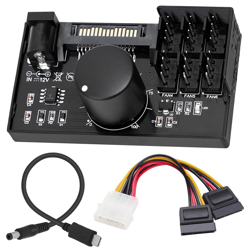 HAAMNING7 4Pin 12V PWM Fan Controller for 6 Fans Supported, 60W/5A Output Max with Dual Sata & DC 5525 Power Input 4 Pin PWM Fan Cooling Fan Speed Adapter Hub, with SATA Splitter, PD Decoy Cable