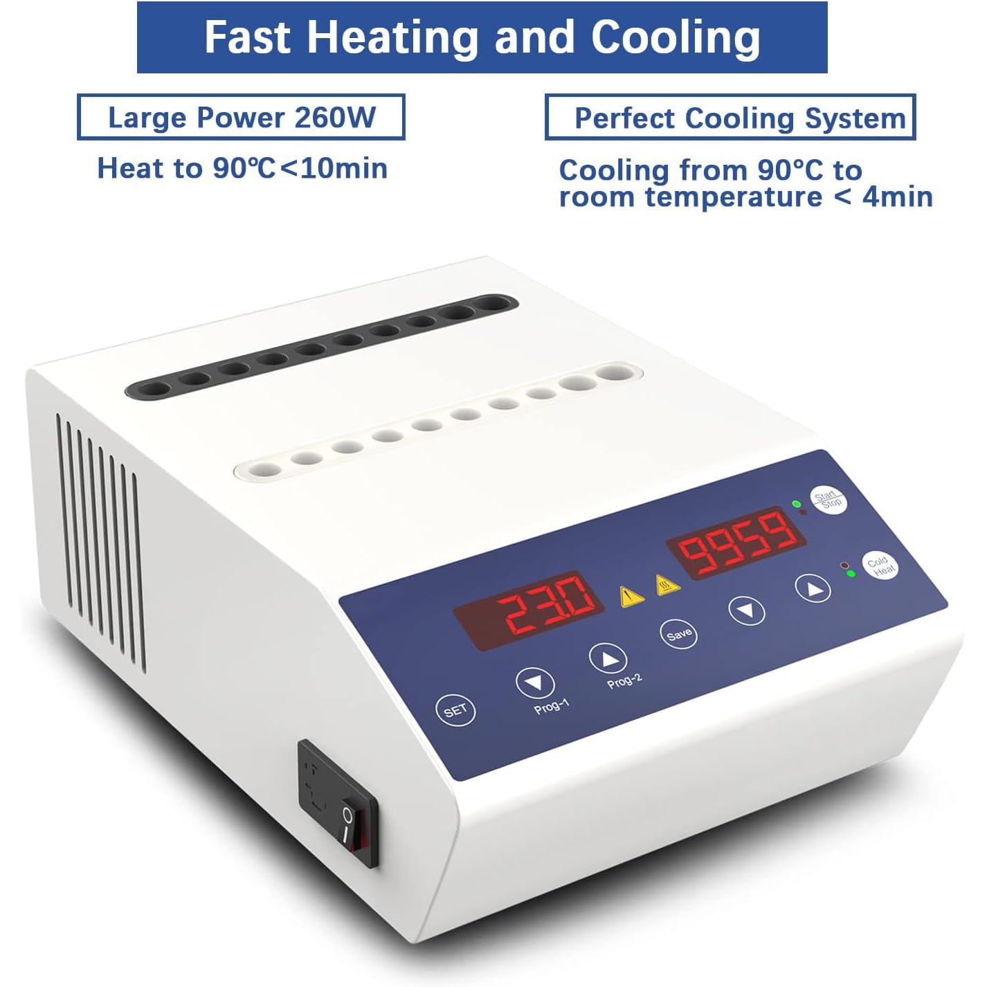Machine de chauffage au gel, chauffage et refroidissement rapides, plage de température 10-90 ℃, minuterie jusqu'à 99 min59 s, mode continu, 2 programmes stockés, pour applications de laboratoire et