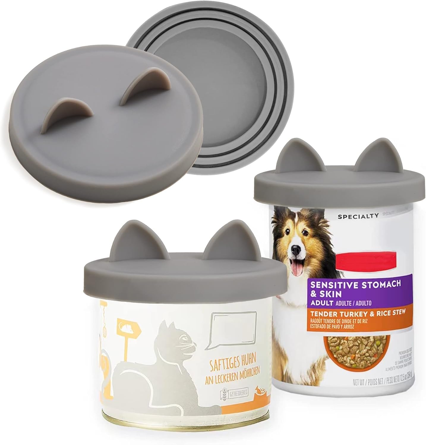 OHMO Pet Can Tin Lids, Universal Size BPA Free Silicone Covers for Cat and Dog Food (70g,85g,200g,400g.etc.), Grey, 2-Pack — image 1