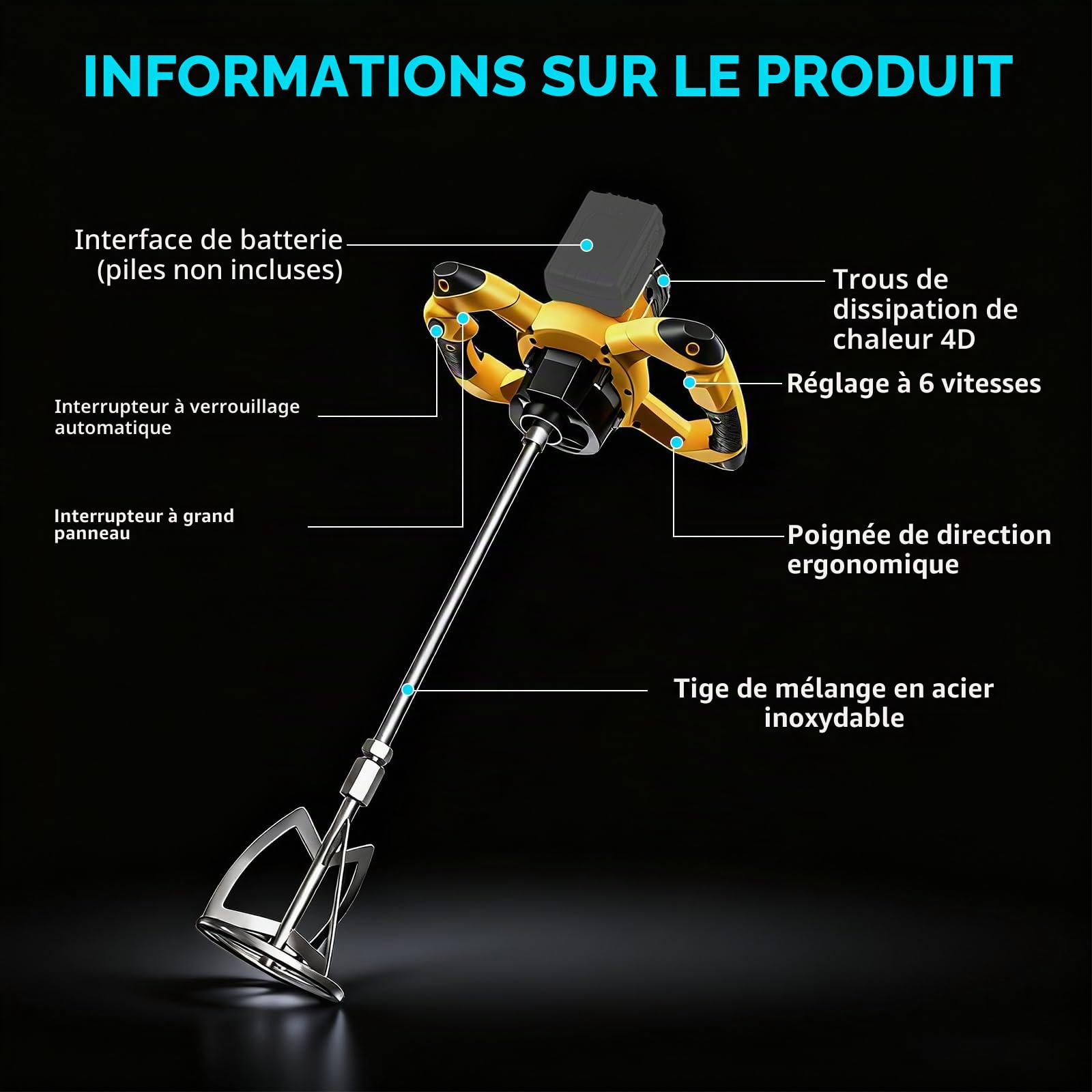 Mélangeur de mortier de couleur sans fil - Compatible avec batterie 20 V - Mélangeur de mortier professionnel sans balais - Avec 6 vitesses - Diamètre : 130 mm - Pour mélanger le plâtre, la colle