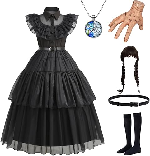 Miniatura 2 de Vestido de baile del miércoles disfraz de Merlina Addams vestido de malla negra traje de cosplay para niñas y niños