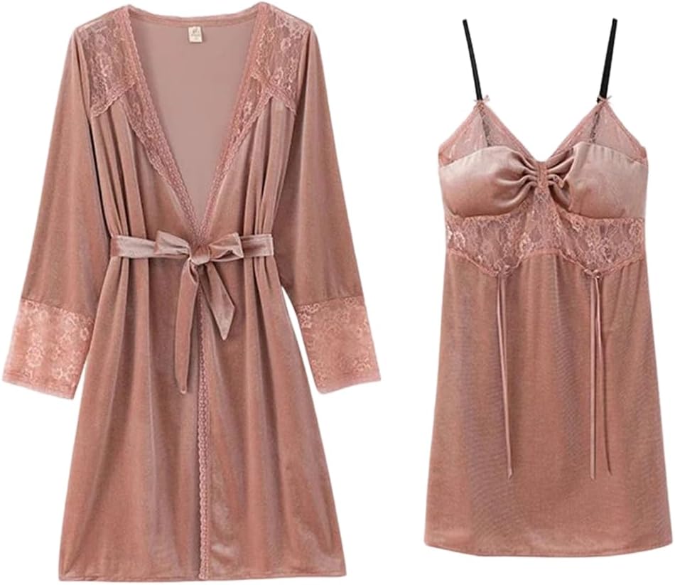 Women Two Piece Robe Set Nightgown Lace Patchwork Kimono Bathrobe Fleece Warm Sleepwear Lingerie