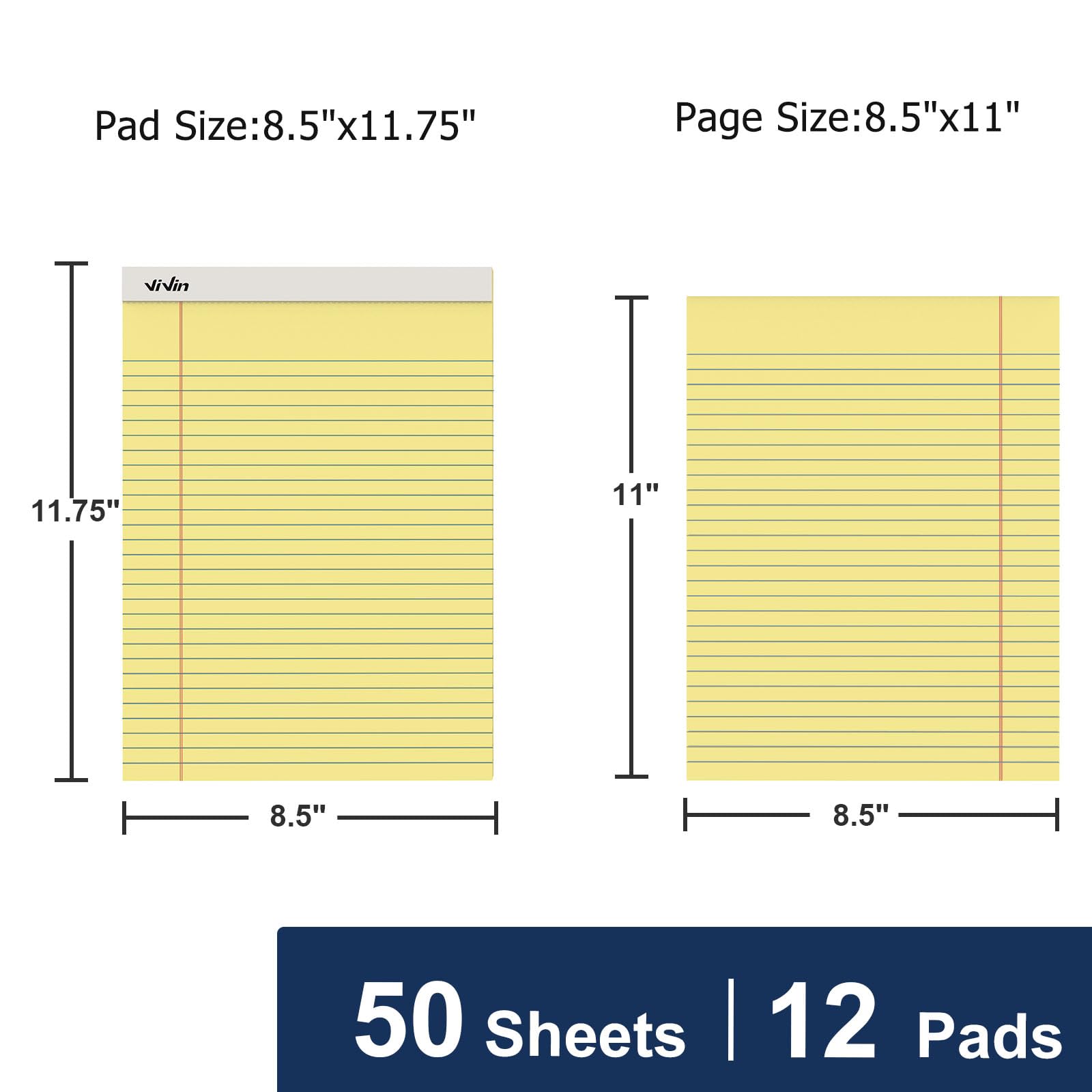 ViVin Legal Blöcke, 21,6 x 27,9 cm, breit liniert, 12 Stück, 50 Blatt/Block | Perforierte Schreibblöcke, Notizblöcke für Büro, Zuhause, Schule, 600 Blatt, Kanariengelbes Papier