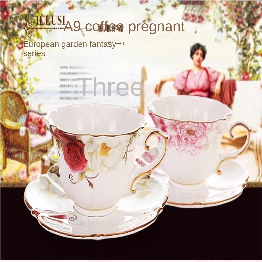 Juegos de tazas y platillos Juego de taza de café y platillo de lujo pequeño con borde dorado, de porcelana china, for té de la tarde(StyleE)