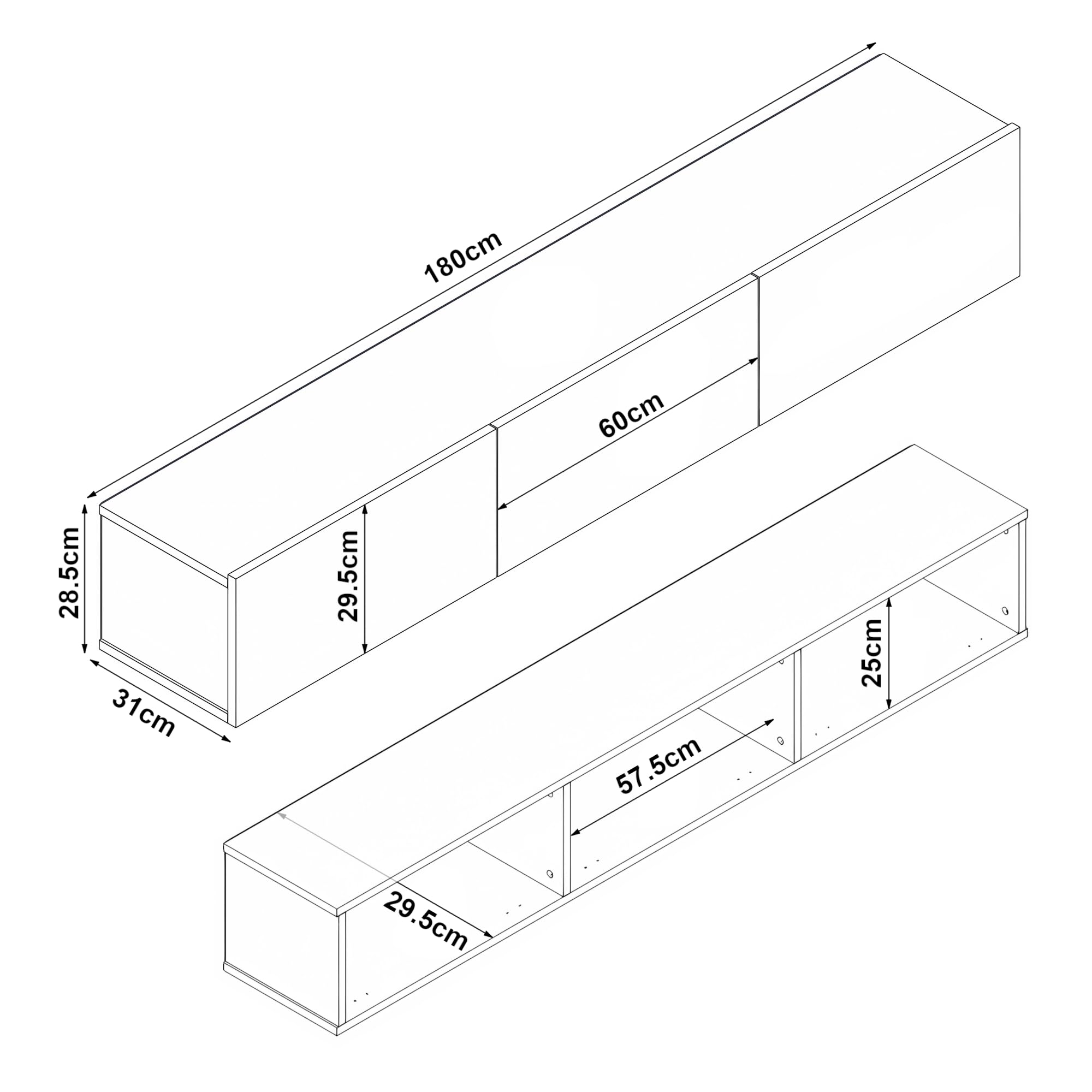 [en.casa] Meuble TV Mural Support Télé Suspendu avec Étagères Fermées Espace de Rangement Flottante pour Salon Banc Télévision Panneau de Particules 180 x 31 x 29,5 cm Effet Noyer