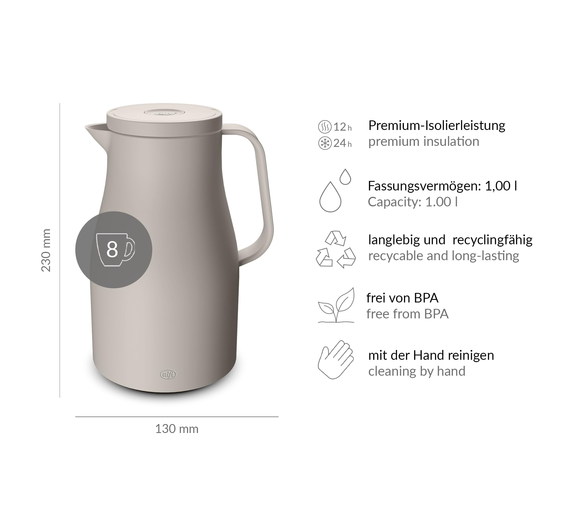 alfi ECONSCIOUS - Jarra térmica (1,0 l, con cristal templado higiénico, cierre de rosca con botón de presión, verter con una mano, ideal como cafetera, tetera y tetera, 1,0 l), color beige | Termo frío 24 h para café y té, tapa de rosca con botón pulsador