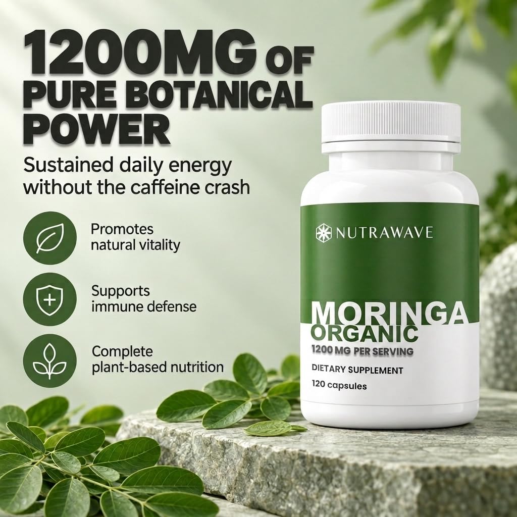 Nutra Wave Organic Moringa Capsules 1200mg – Pure Moringa Oleifera Leaf Supplement Energy, Immune & Lactation Support –Antioxidants & Amino Acids for Women & Men, Non-GMO, Vegan – 120 Capsules — Amazon image 2