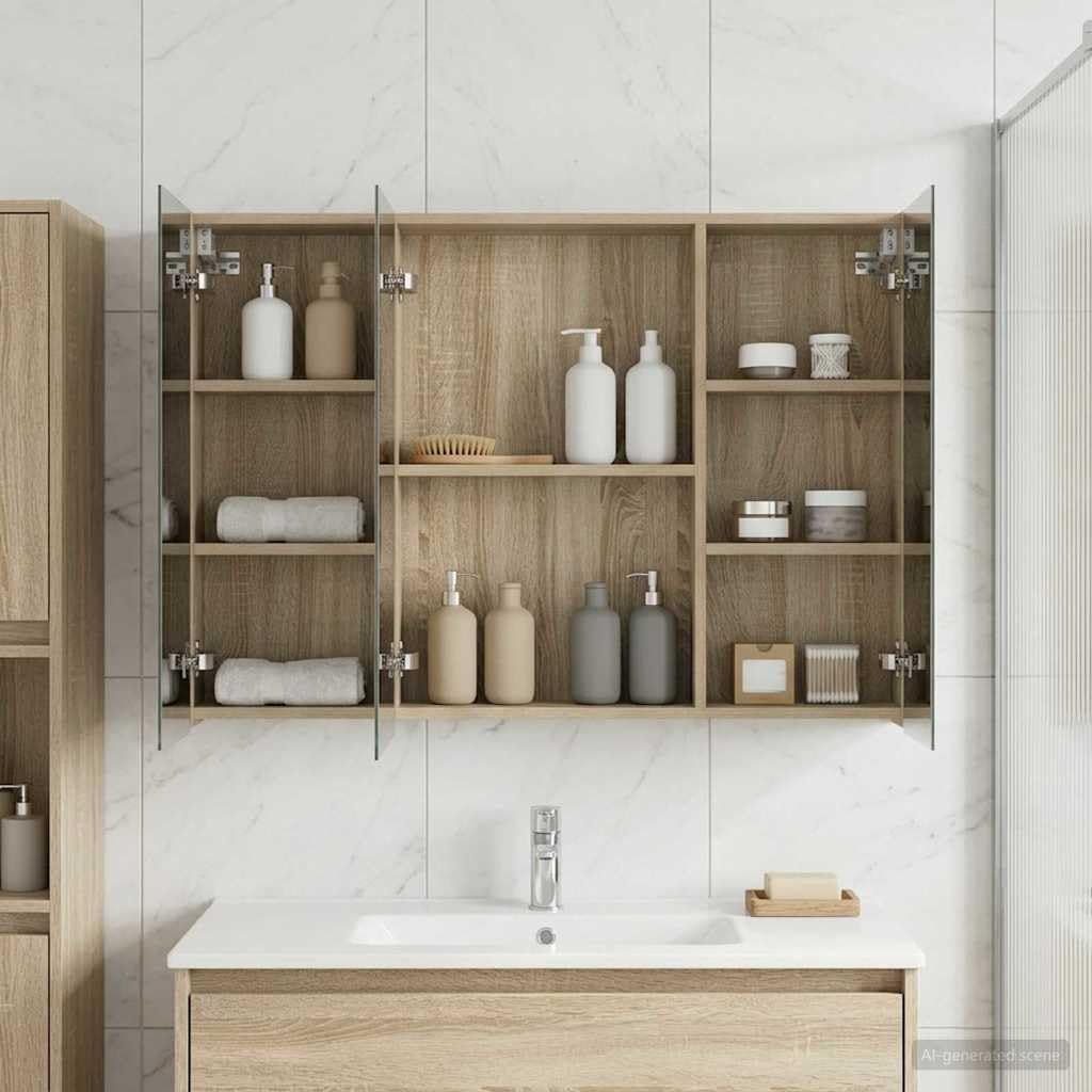 Armadietto da bagno a specchio in rovere Sonoma, 100 x 14,5 x 70 cm, con vano portaoggetti, specchio su entrambi i lati, montaggio a parete, con 2 ripiani, per bagno e bagno degli ospiti