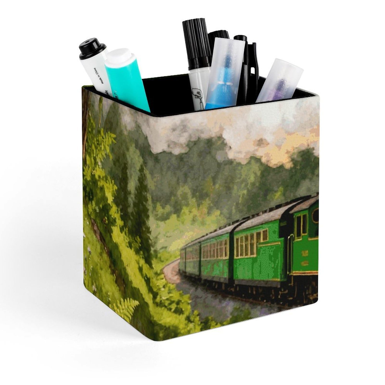 DWVTSLH Aesthetic Pen Holder for Desk - Modern Leather Pencil Holder - Stylish Square Makeup Brush Holder - Forest Steam Car Pen Cup Cute And Functional Desk Organizer for Office Supplies