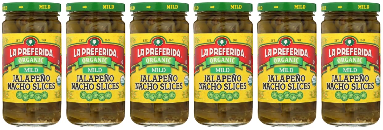 La Preferida Organic Mid Jalapeño Nacho Slices (Same Great Flavor, No Heat) Seedless Pickled Peppers – USDA Certified, No Added Sugar. Use on Tacos, Salads & Bowls, 11.5 oz. (Pack of 6)