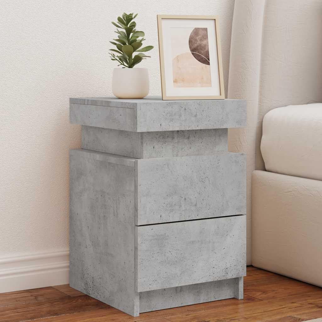 SXZenSpace Bedside Cabinet with LED Lights, Concrete Grey Small Nightstand, Engineered Wood Slim Table 35x39x55 cm, RGB Bed Side Storage Unit for Bedroom Living Room Flat