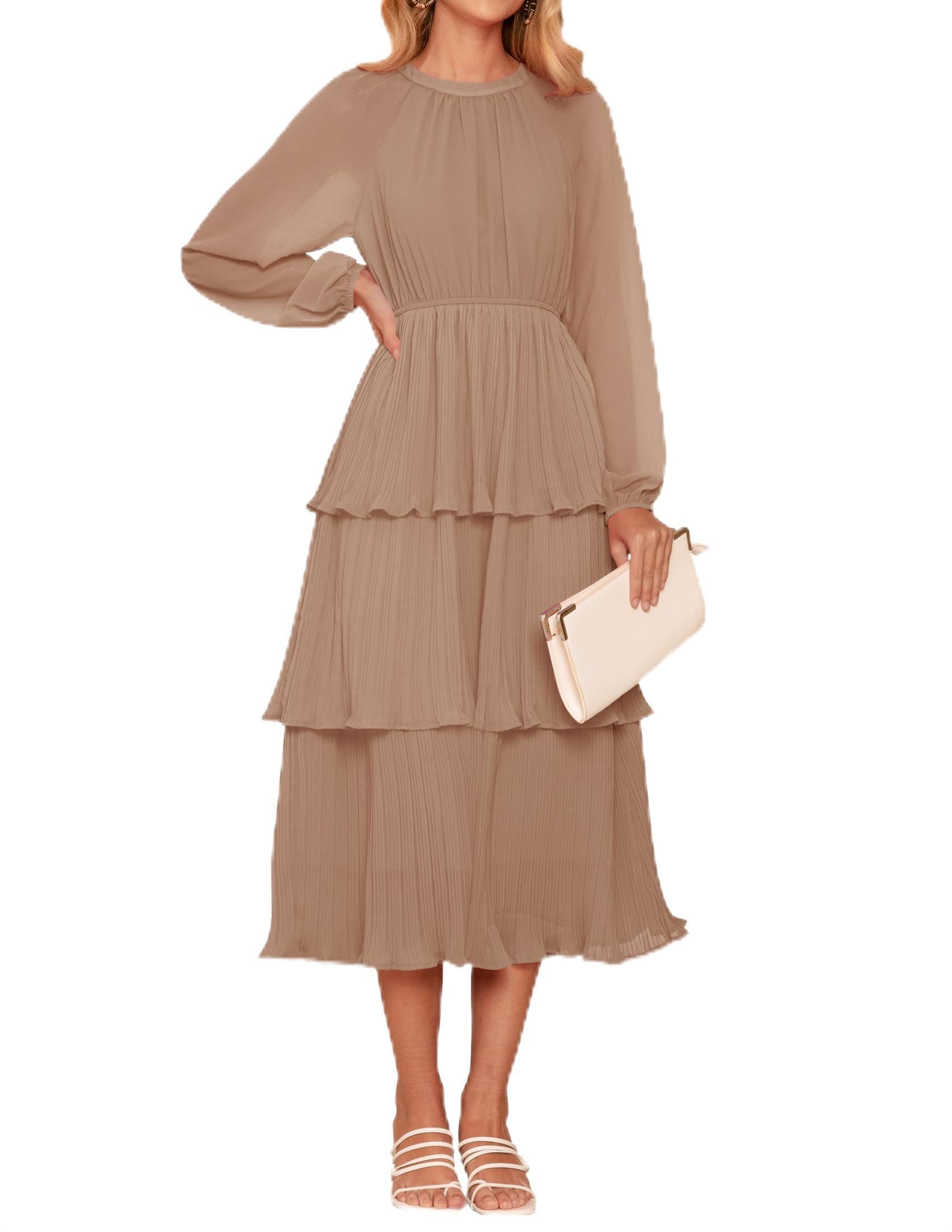 Photo 1 of SIZE LARGE ZESICA Women's 2024 Long Sleeve Crew Neck Ruffle Tiered Layered Chiffon Flowy Swing Long Midi Dress Large Khaki
