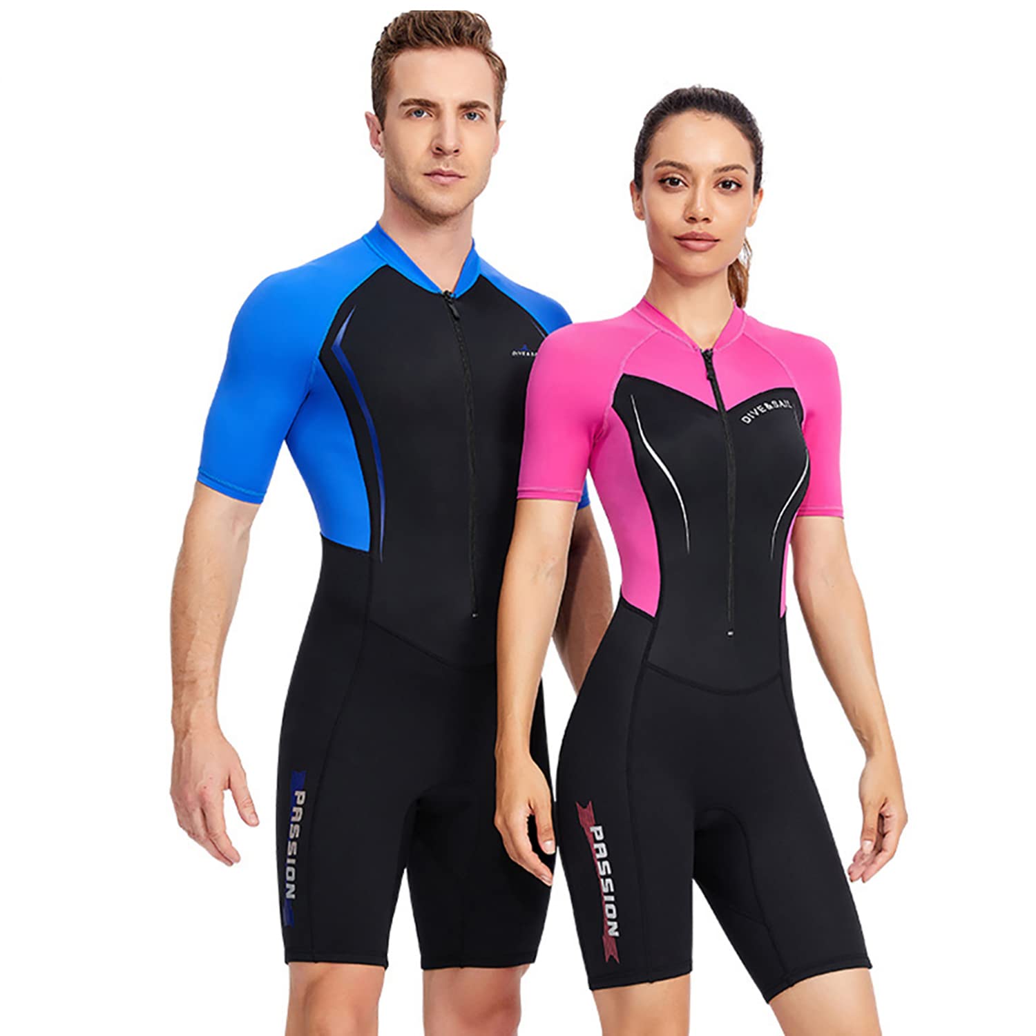 OttoBen Traje de neopreno para hombre y mujer, fino, 1,5 mm, manga corta, estampado, snorkeling, natación, surf, verano, protección solar, parte superior de nailon térmico, pantalones cortos de buceo.