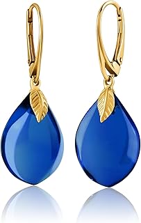 [Amber by Mazukna] 琥珀 ピアス ブルーアンバー ＜専用ジュエリーボックス付き＞ Silver925 ゴールドプレーティング金具 レバーバック開閉式 レディース 軽量 上品なジュエリー ギフト 品質保証書付属