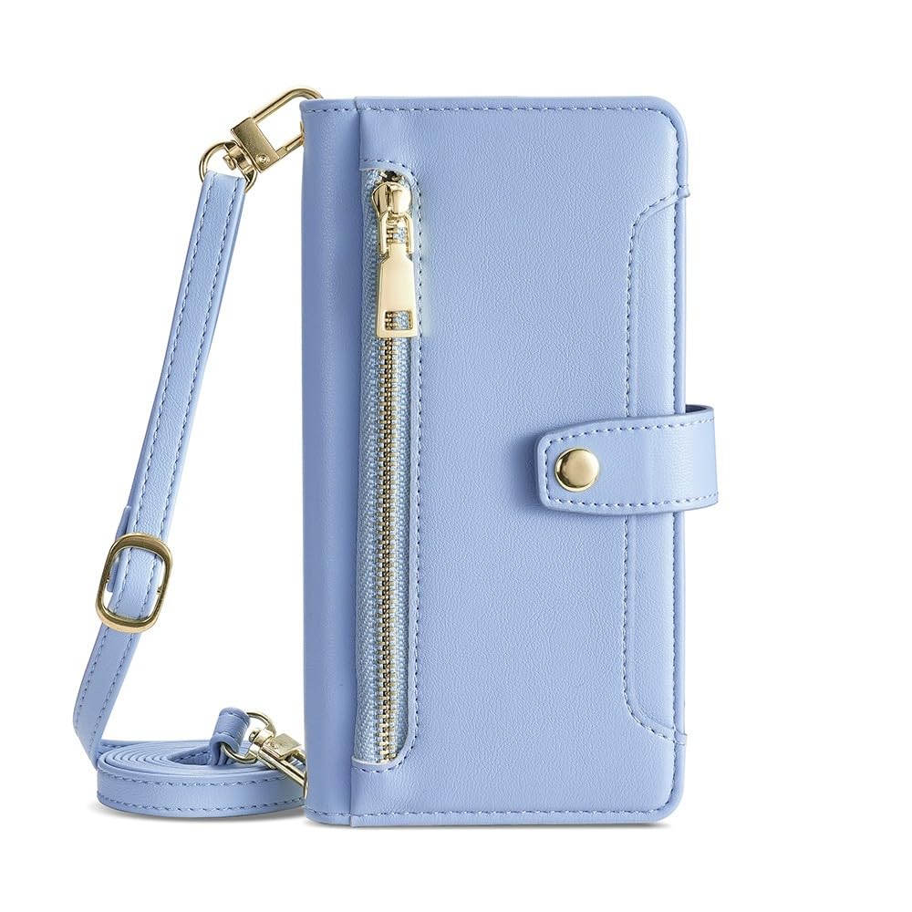 Étui Google Pixel 6 bleu avec sangle cuir et pochette fermeture éclair arrière - 8