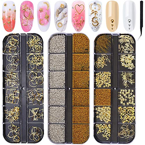 3 Boxes Nail Caviar Beads 3D Nail Art Supplies Metal Nail Studs Gold Nail Decorations Nails Supply Design Nail Charms Jewels Star Moon Heart Triangle Rivets Gems Nail Art Kit for Women
