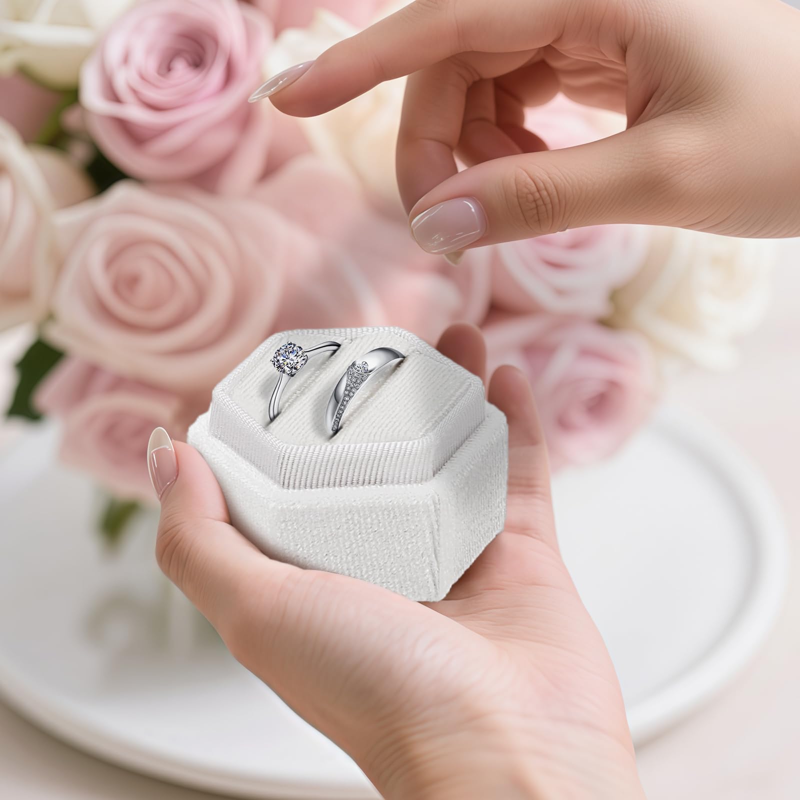 Caja De Anillo Hexagonal De Terciopelo Blanco: Doble Ranura Para 2 Alianzas (Propuesta Y Boda)