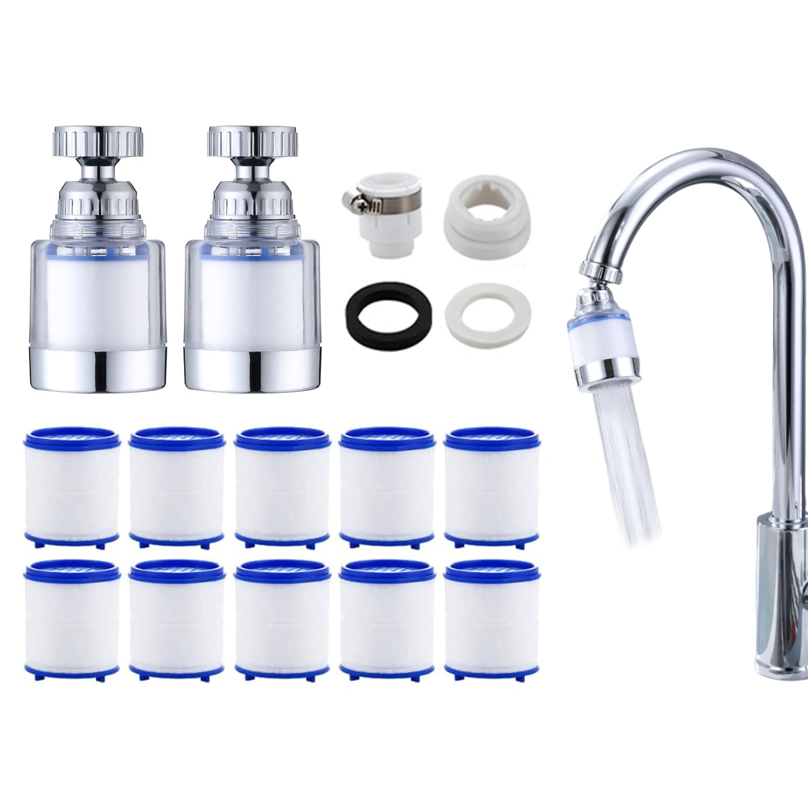 Sink Filter Water Faucet (2 Pcs+10 filter cartridges) 360°Rotating Universal Faucet Filters, Kitchen Tap Purifier, Removes Chlorine Fluoride Heavy Metals and Hard Water, Bathroom Tap for Home