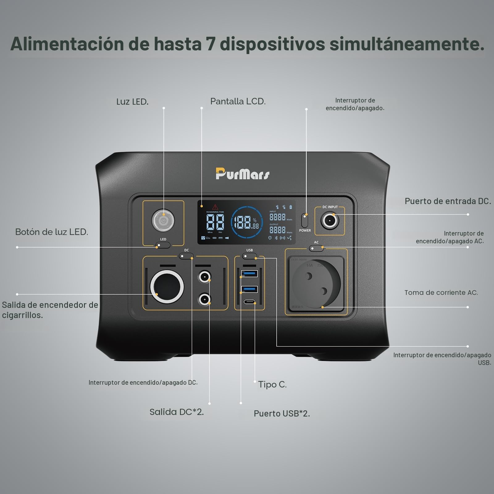 PurMars - Portable Power Station, 300W, Max 500W, 288Wh, Solar