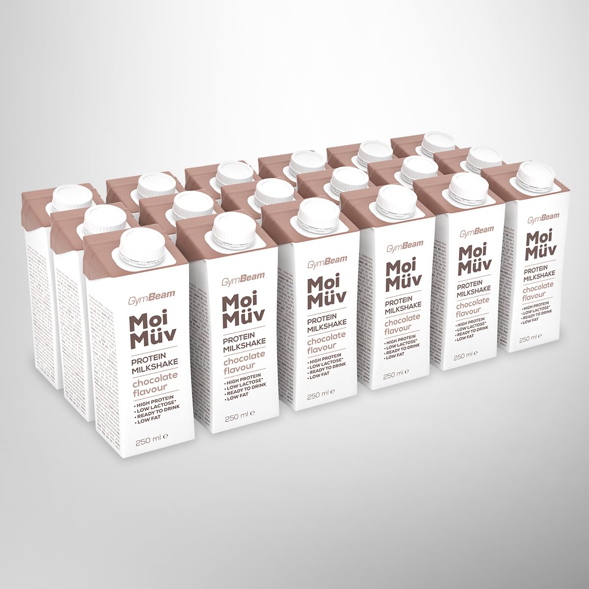GymBeam Milkshake Proteico MoiMüv 18 x 250 ml, Bevanda Pronta da Bere con 25g di Proteine, A Basso Contenuto di Grassi e Lattosio, Senza Dolcificanti Artificiali e Glutine (Chocolate)
