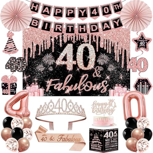 40th Birthday Decorations for Women 32PCS 40th Birthday Party Decorations Including Backdrop Sash Crown banner Hanging Swirl Cake Topper balloons Paper Fans Anniversary Card