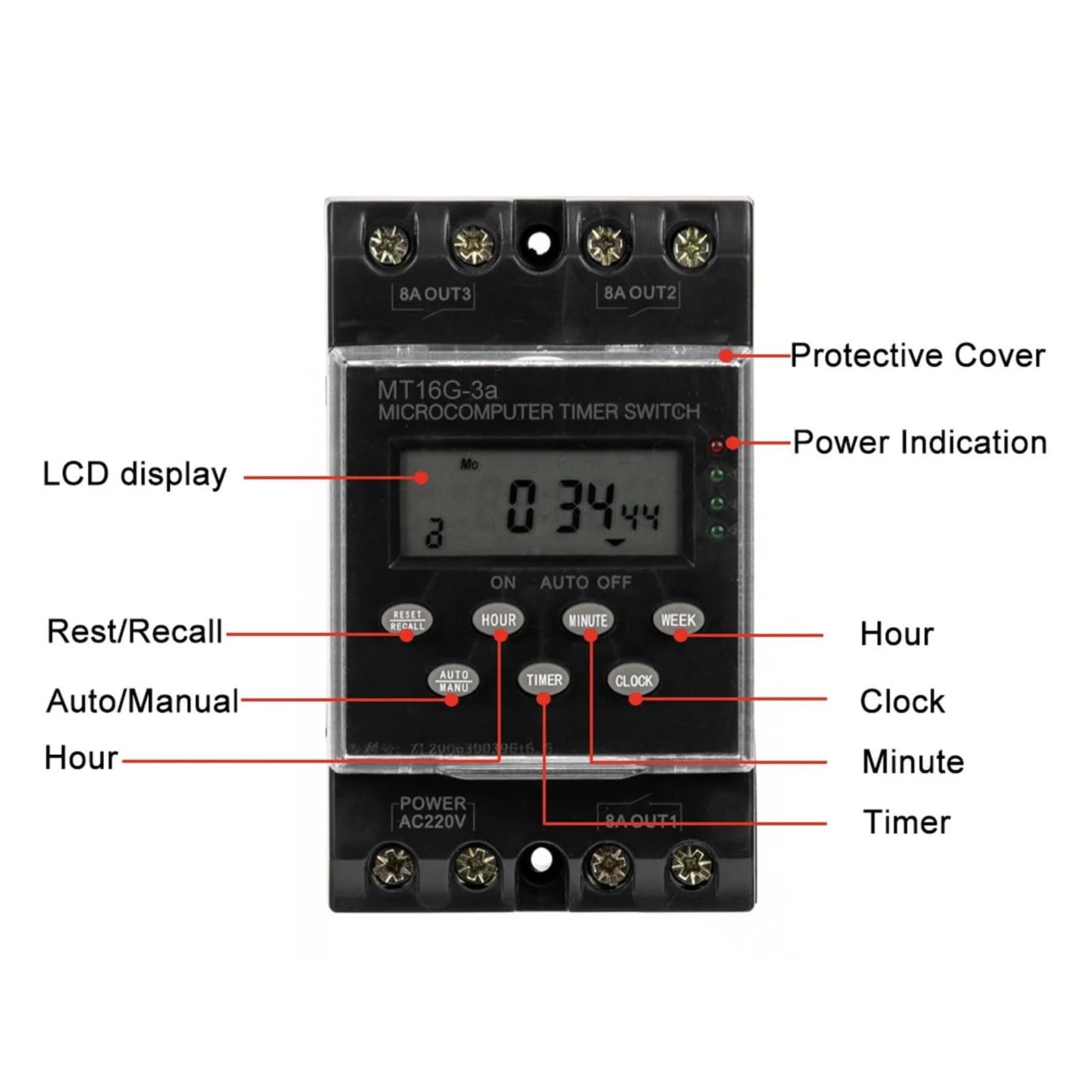 DEBLAN Interruptor de Tiempo electrónico programable AC 220V 25A 1 Minuto a 168 Horas 3 Canales Temporizador automático Digital Montaje en Riel DIN