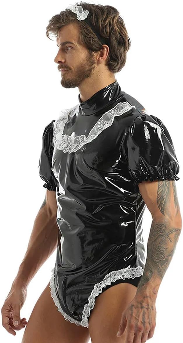 Sissy Mens Crossdresser Maid Cosplay Costume Short Sleeve Bodysuit with Hommes Romper 7XL
